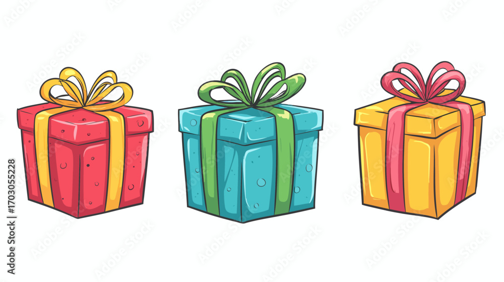Fototapeta premium Colorful gift boxes vector illustration for holiday celebration birthday and Christmas presents with ribbons and bows