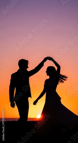 Silhouette couple gracefully dancing during romantic sunset for love and romance