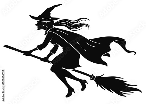 Silhouette of a witch flying on a broomstick with a flowing cape and long hair vector illustration