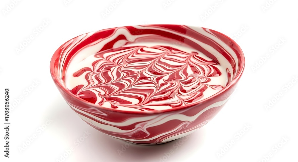 Fototapeta premium Close-up shot of a ceramic bowl filled with swirled red and white creamy dessert