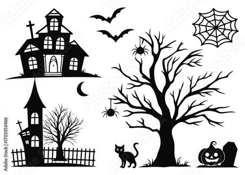 Spooky Halloween Scene with Haunted Houses, Trees, Bats, and a Black Cat dead tree