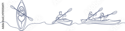 People kayaking line art, minimalist drawing of kayakers on water, outdoor adventure, canoe illustration, paddling, water sport activity, summer fun