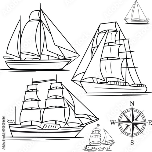 Set of vintage sailboats and ships, nautical theme, compass rose illustration, maritime transportation, sea travel, hand-drawn black line art