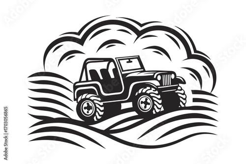 Black OffRoad Car with Stylized Terrain on White Background