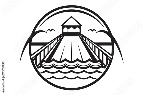 Black Outline Pier Structure on White Background within Circular