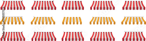 Striped awning set, storefront canopy collection, red and yellow shades, vector illustration for shop design, cafe, market, sunshade cover