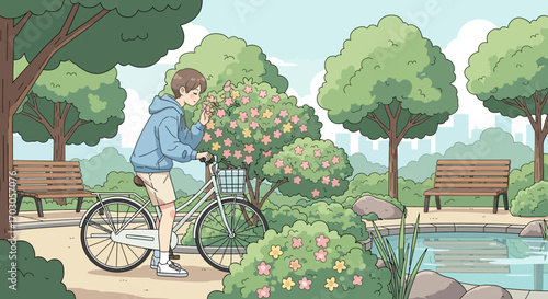 Aesthetic anime style illustration of a boy on a bicycle smelling flowers in a peaceful park setting