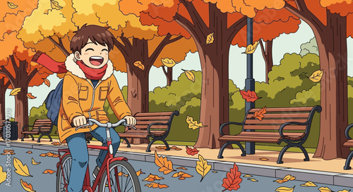 Anime boy on a bike ride in a park during autumn with falling leaves and colorful trees