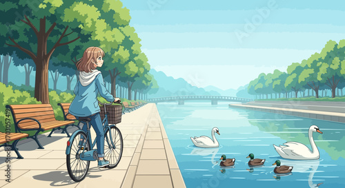 Anime girl riding bicycle near the river with swans and ducks in the peaceful park scene