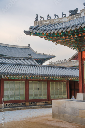 Traditional Courtyard Architecture at Gyeongbokgung Palace, Seoul, South Korea
