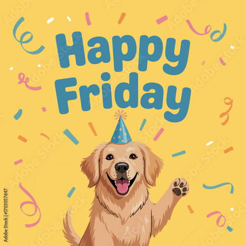 Happy golden retriever in party hat celebrates with joy. Perfect for friday social media posts or greeting cards. Happy vibes.