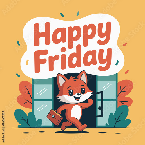 Happy friday cartoon fox sprinting from a building, celebrating the workweeks end. Perfect for friday promotions, social media posts, and officerelated designs.