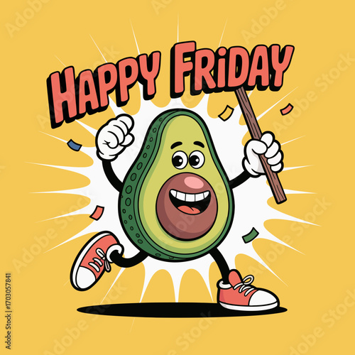 Happy avocado character celebrating friday with sign. Perfect for social media, blogs, or promotions with a cheerful and positive tone.