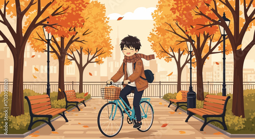 Anime-style illustration of a boy cycling through a park in autumn with trees benches and lamps