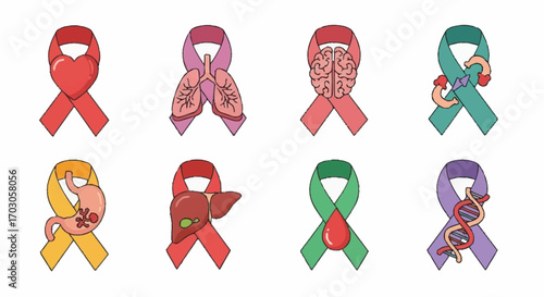 A collection of colorful awareness ribbons with corresponding human organs, symbolizing support for various cancer types like lung, brain, and liver