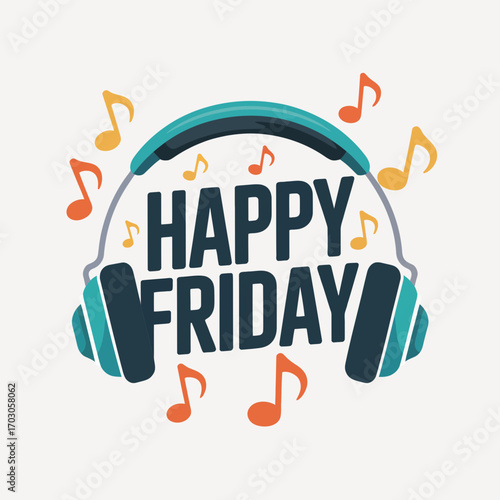 Happy friday vibes as joyful message, headphones, and music notes convey the excitement. Suitable for social media, newsletters, and musicrelated content.