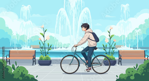 Anime-style illustration of a young man riding a bicycle in a park with a fountain backdrop