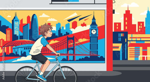 Boy cycling past cityscape showcasing global architecture and iconic landmarks illustration