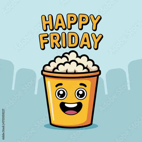 Smiling popcorn bucket emoji celebrates happy friday. Perfect for social media posts, food blogs, and fridaythemed designs.