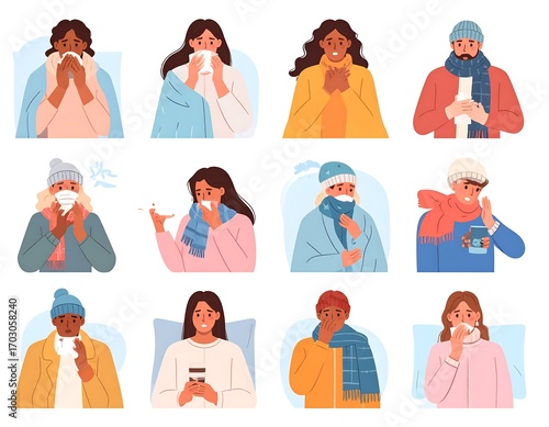 Diverse people with winter attire experiencing cold symptoms