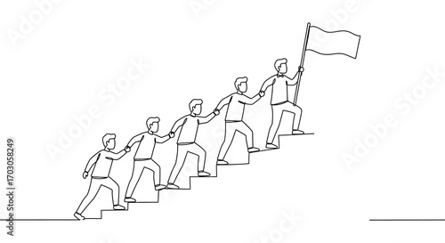 a group of people climbing steps together holding flag