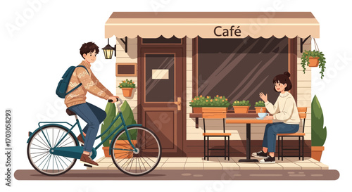 Charming cafe scene with a cyclist passing by and a woman enjoying coffee outside a lovely shop