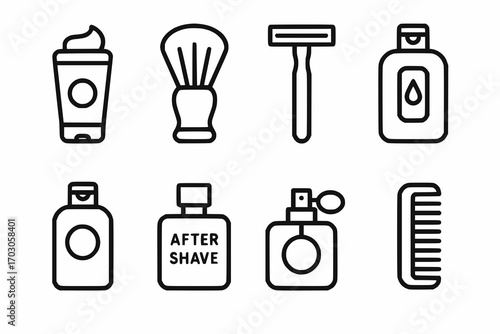Minimalist line icons of male grooming and cosmetic products
