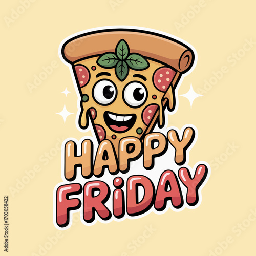 Happy friday celebration with a pepperoni pizza slice. Perfect for food blogs, social media posts, restaurant promotions, and friday themes.