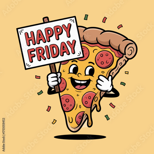 Happy friday pizza slice with a cheerful smile holding a sign for a delicious joyous weekend celebration. Perfect for promoting weekend specials or events.