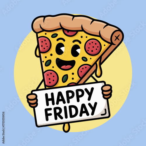Happy friday pizza slice holding a sign. Celebrate joyfully on social media posts, party invitations, website banners, or email newsletters.