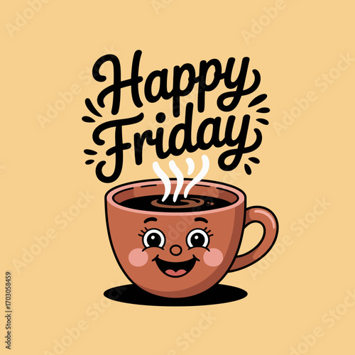 Happy friday coffee mug with positive message, perfect for social media posts, greeting cards, and blog content to spread joy.