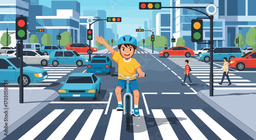 Illustration of a Boy Riding a Bicycle Safely Across a Crosswalk in a City with Traffic Lights and