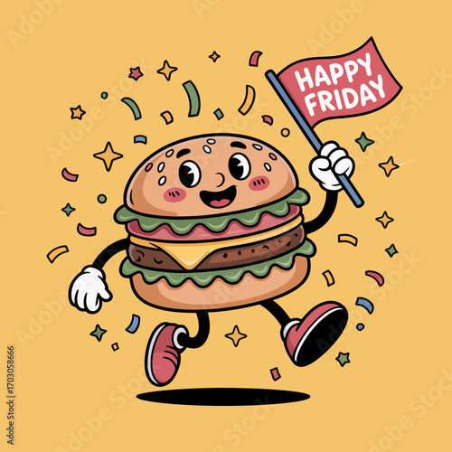 Happy friday celebration with a hamburger waving a cheerful flag amidst confetti. Perfect for party invitations, social media posts, and event promotions.