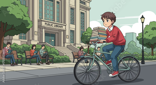 Illustration of a boy riding a bicycle with books near a public library