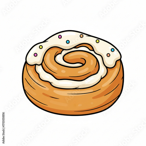 A cute cinnamon roll with white icing and colorful sprinkles on top.
