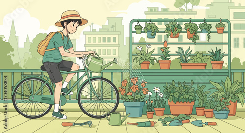 Illustration of a young man on a bicycle watering plants on a rooftop garden idyllic scene