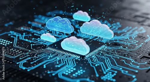 Digital cloud computing concept with luminous clouds on a circuit board