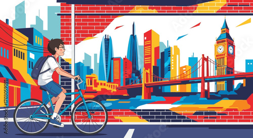 Urban exploration a cyclist riding through a vibrant cityscape with iconic landmarks offering a