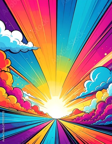 Vibrant, colorful burst of energy with clouds and road
