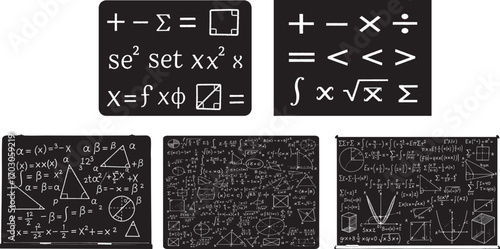 Math Blackboard Illustration Set – Chalkboard with Equations, Symbols and Geometry Drawings