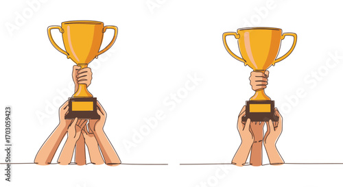 hands holding golden trophies together in unity
