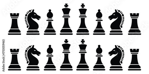 Stylized black chess piece silhouettes arranged for a strategy board game. vector illustration set