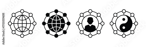 A collection of hexagonal line art icons representing global network, user profile, and philosophical balance with a yin-yang symbol