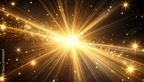 Radiant gold burst of light, radiating energy outwards with star-like twinkles and glitter on a dark background