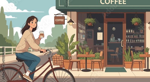 A charming cartoon illustration showcasing a woman enjoying coffee while cycling past a cozy