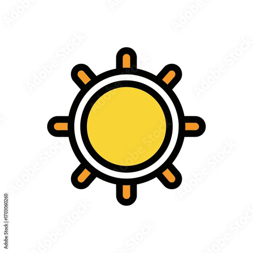 Yellow sun emits light rays on white background.