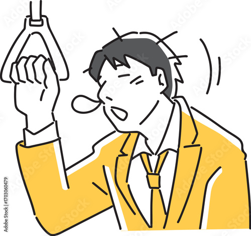 吊革につかまりながら寝る男性社員