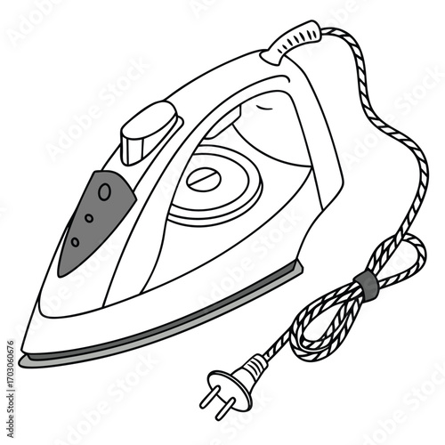Black-and-white line drawing of an electric clothes iron with a pointed tip, top handle, temperature dial, steam vents, and a coiled power cord ending in a two‑prong plug.