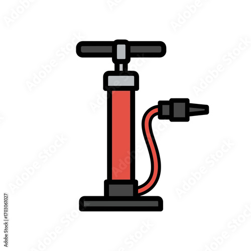 Red pump inflates tire on white backdrop flat design