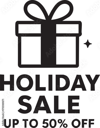 Holiday Sale Gift Box with Bow and Up to 50 Percent Off Promotion.